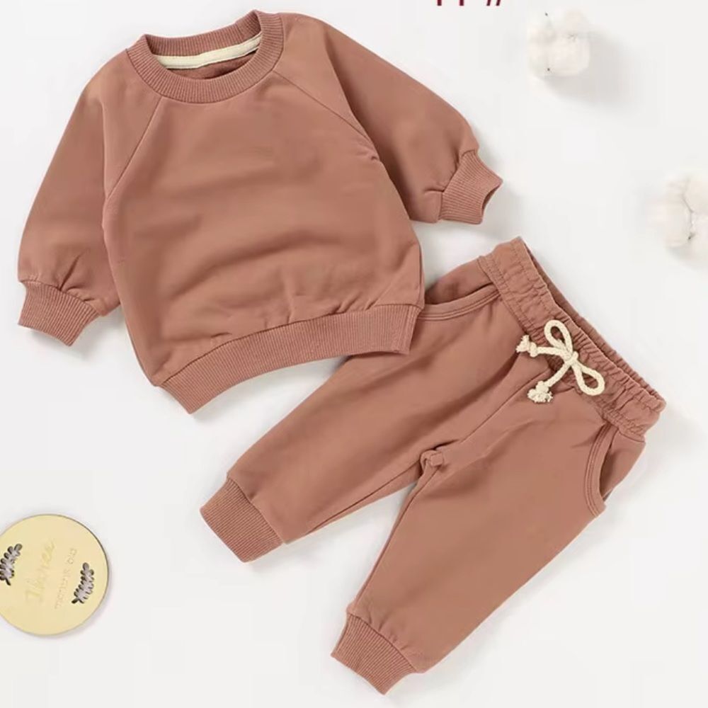 ORGANIC COTTON Kids CREWNECK and Joggers Set Brick Brown